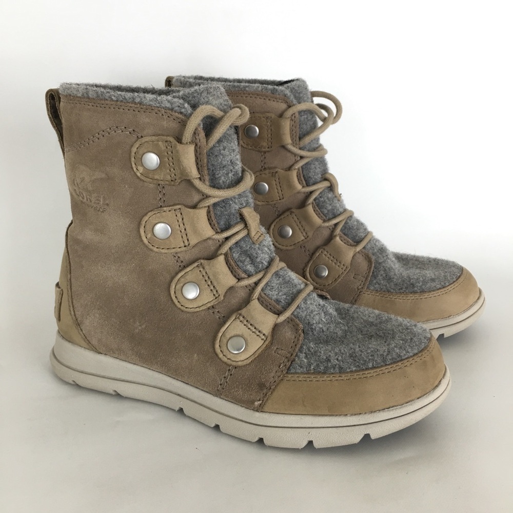 Sorel Explorer Joan Boots Gray Wool Khaki Tan Leather Winter Booties Women’s 6